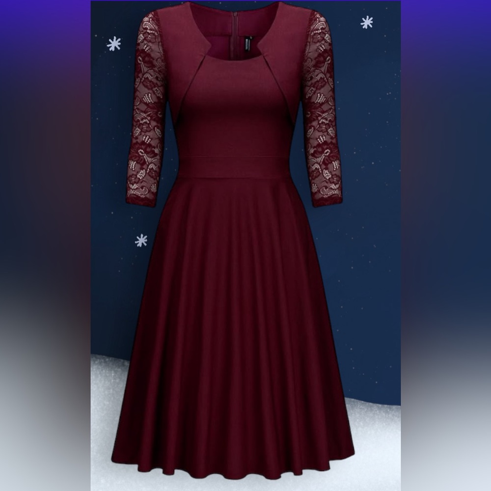 NWT. Vintage Square Neck Floral Lace 2/3 Sleeve Cocktail Swing Dress(KY1023) - Picture 6 of 7